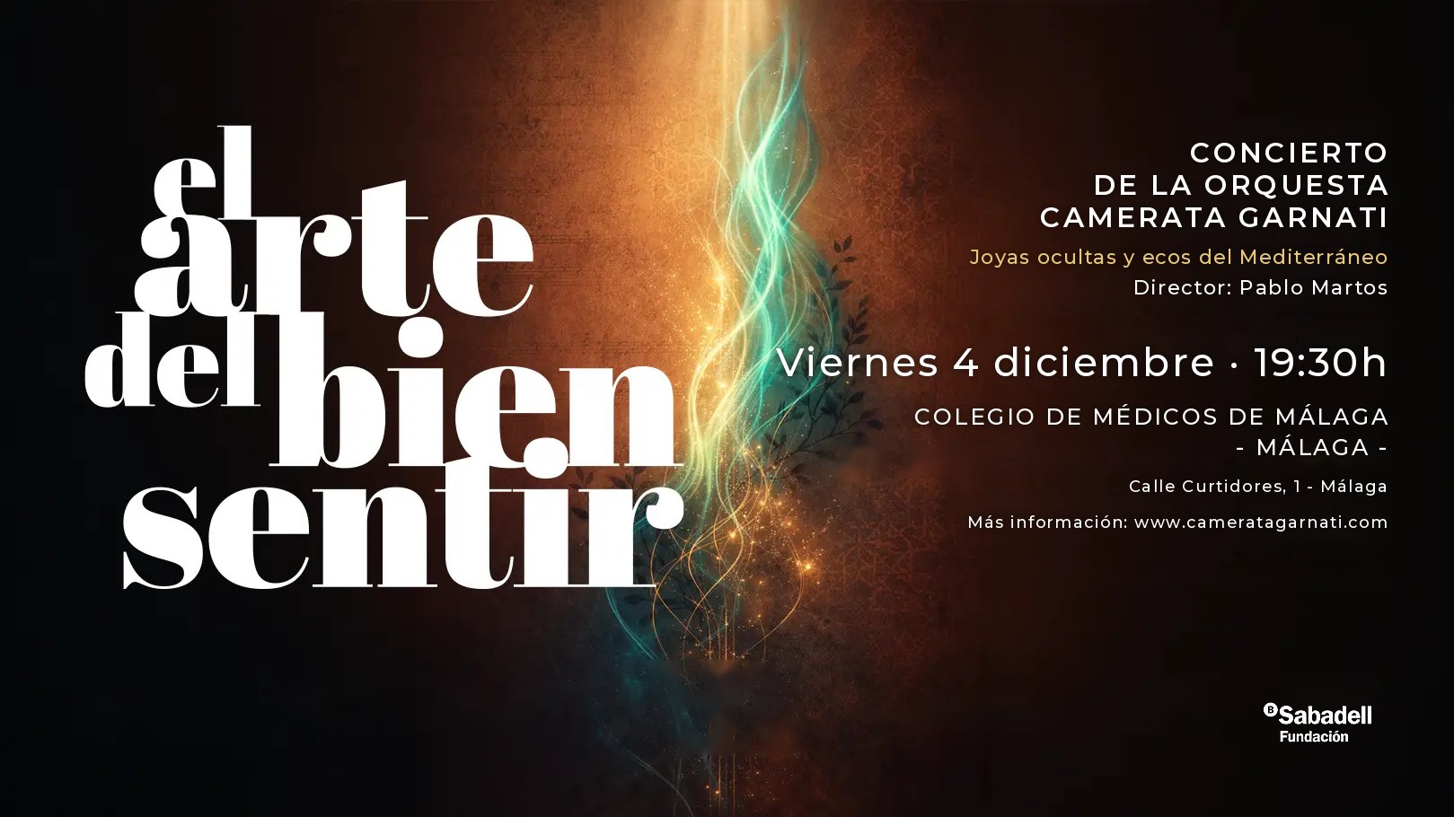 Cartel del concierto El Arte del Bien Sentir de la Camerata Garnati, viernes 4 de diciembre, 19:30 h, Colegio de Médicos de Málaga