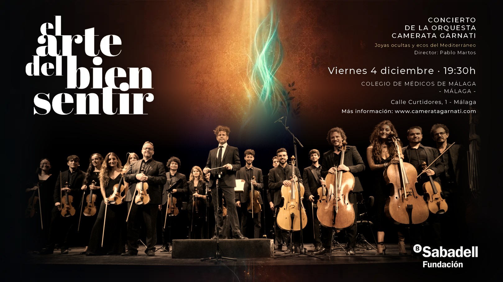 Cartel del concierto El Arte del Bien Sentir de la Orquesta Camerata Garnati, viernes 4 de diciembre, 19:30 h, Colegio de Médicos de Málaga