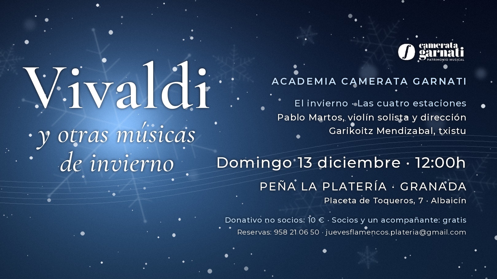 Cartel del concierto Vivaldi y otras músicas de invierno de la Academia Camerata Garnati, domingo 13 de diciembre, 12:00 h, Peña La Platería, Granada